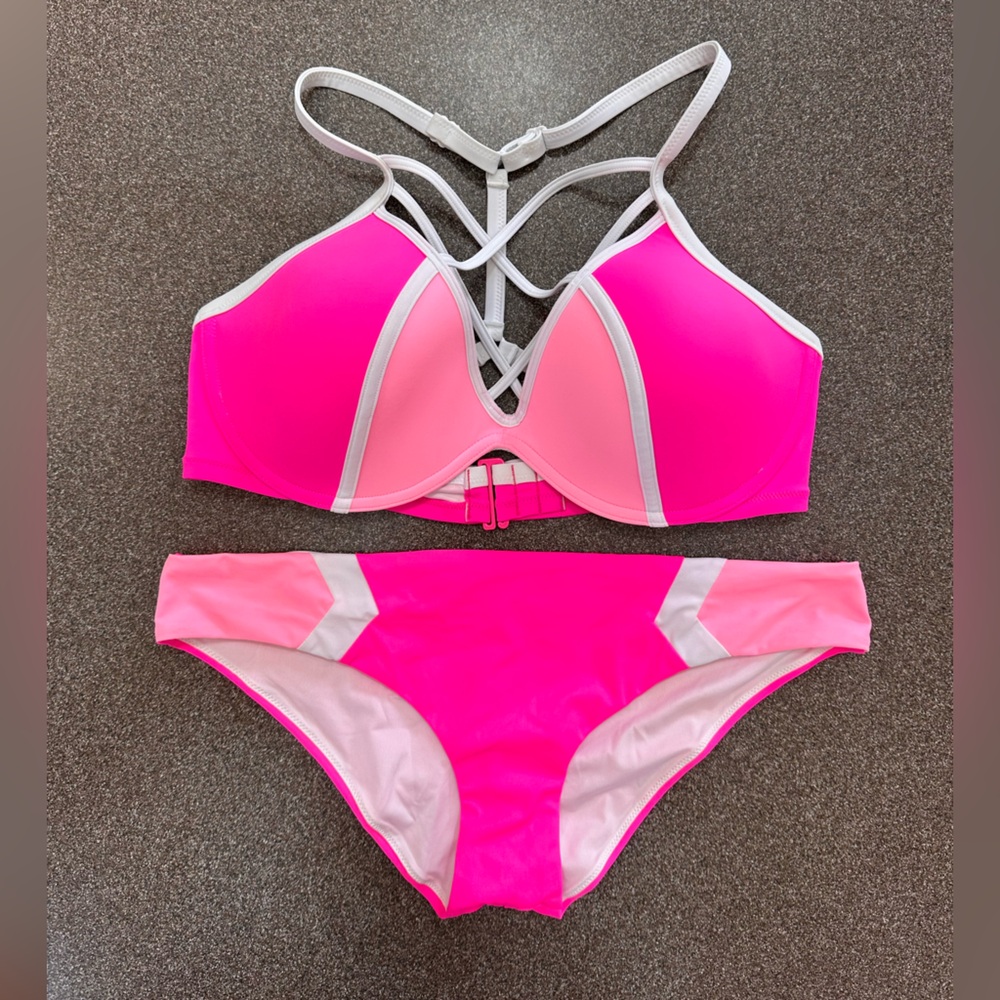 Pink Colorblock Strappy Bikini TOP ONLY! L-DD